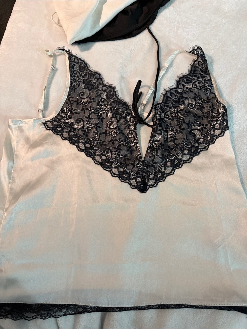 Anthropologie Cream Satin Chemise with Black Lace Trim